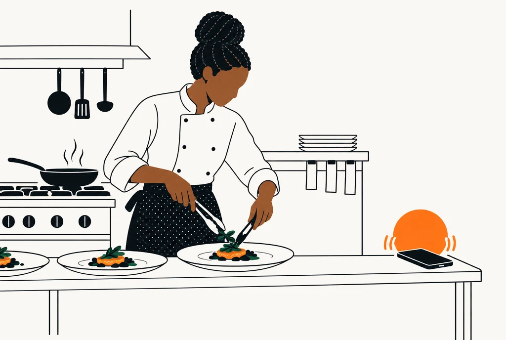 Illustration : une cheffe dresse ses assiettes en plein service, son téléphone sonne sur le passe.