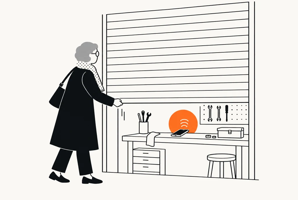 Illustration : une garagiste baisse le rideau de son atelier le soir, le téléphone sonne sur l'établi.